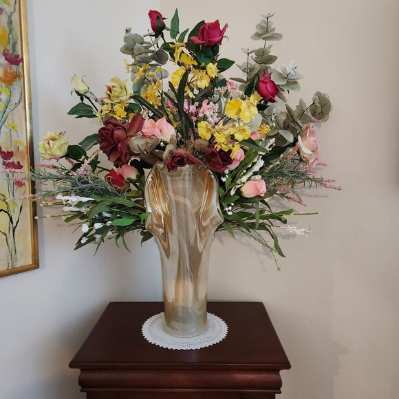 Cream Iridescent Luster Murano Handkerchief Large Vase 16" T x 8" W